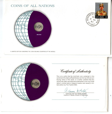 Бруней 5 сенов 1981 конверт с маркой первого дня гашения, Coins of Nations KM 16 медно-никель UNC 4295-21-1