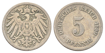Германия 5 пфеннигов 1890 F KM 11, J. 12 медно-никель 4701-1022