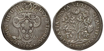 Тоскана 1 пиастра 1684 Козимо III Медичи, розовый куст Dav. 4216 серебро 10-016-67