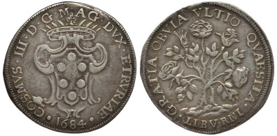 Тоскана 1 пиастра 1684 Козимо III Медичи, розовый куст Dav. 4216 серебро 10-016-67