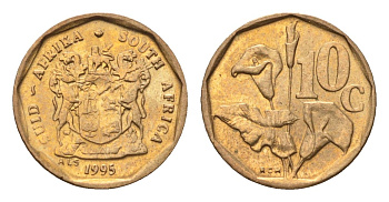 ЮАР 10 центов 1995 герб, цветок алоэ KM 135 сталь плакированная бронзой UNC 4694-716