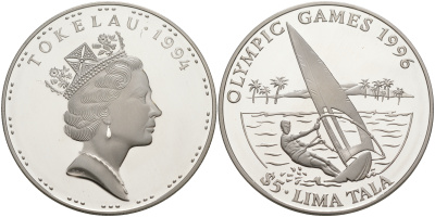 Токелау 5 тала 1994 XXVI олимпийские игры 1996 года в Атланте, парусный спорт, виндсерфинг KM 22 серебро PROOF 1074-4-63
