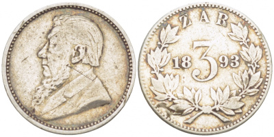 Южно-Африканская Республика - Трансвааль 3 пенса 1893 ZAR, Крюгер KM 3 серебро 1515-1934