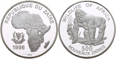Заир 500 новых заиров 1996 серия защита окружающей среды, горилла, тираж 10000 экземпляров KM 21 серебро  PROOF 1087-2-12