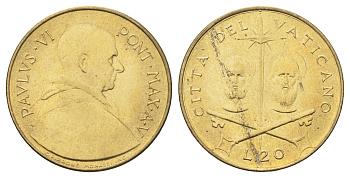 Ватикан 20 лир 1967 MCMLXVII, год-тип KM 96 алюминиевая бронза UNC 4701-466