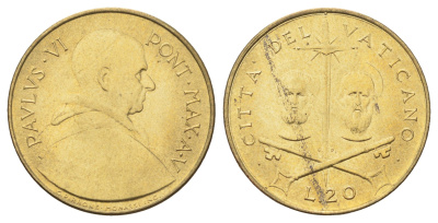 Ватикан 20 лир 1967 MCMLXVII, год-тип KM 96 алюминиевая бронза UNC 4701-466