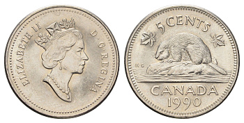 Канада 5 центов 1990 Елизавета II (1952-2022), бобр KM 182 медно-никель UNC 4689-434