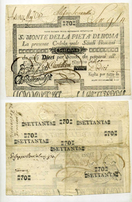Италия, Папские штаты и Римская Республика 70 скуди 1795 S. Monte DelLa Pieta Di Roma Pick S 352 бумага 451-576-1