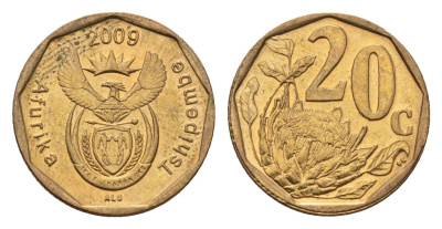 ЮАР 20 центов 2009 герб, цветок протея KM 466 сталь плакированная бронзой UNC 4687-636