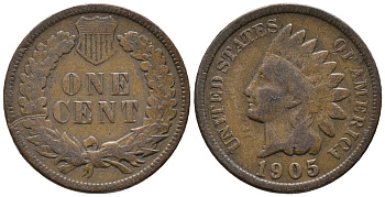 США 1 ЦЕНТ 1905 ГОЛОВА ИНДЕЙЦА KM 90а бронза 66-167