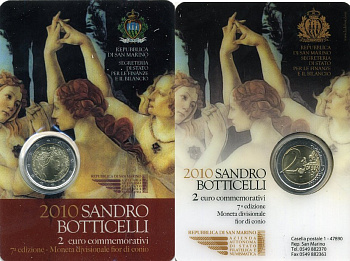 Сан-Марино 2 евро 2010 САНДРО БОТИЧЕЛЛИ, в оригинальном буклете биметалл  UNC 00-00
