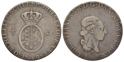 Шлезвиг-Гольштейн 40 шиллингов - 2/3 далера 1797 MF, Кристиан VII KM 8, Hede 40 A, Jaeger 9 серебро 00-811-49