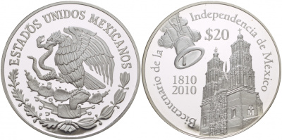 Мексика 20 песо 2010 200 лет независимости Мексики, костел KM NEW серебро PROOF 00-000-00