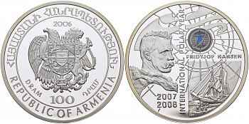 Армения 100 драм 2006 Международный полярный год, экспедиция Нансена, цветная эмаль KM 127 серебро PROOF 01-182-45