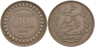 Тунис 10 сантимов 1891 АН 1308, Али III ибн аль-Хусейн KM 222 бронза 4526-212
