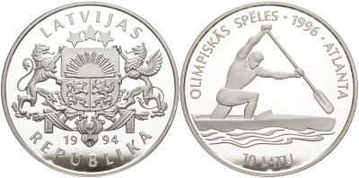 Латвия 10 латов 1994 XXVI летние Олимпийские игры в Атланте 1996 год, гребля на каноэ KM 24 серебро PROOF 02-115-31