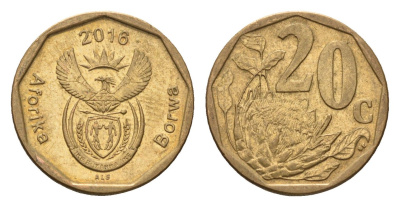 ЮАР 20 центов 2016 герб, цветок протея KM 327 сталь плакированная бронзой UNC 4687-665