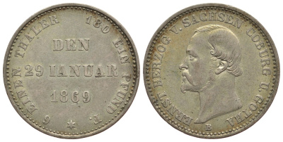 САКСЕН-КОБУРГ-ГОТА 1/6 ТАЛЕРА 1869 B, 25 ЛЕТ ПРАВЛЕНИЯ ЭРНСТА II (1844-1893) KM 119, Jaeger 297 AKS 118 серебро 00-00
