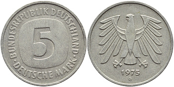 ФРГ 5 марок 1975 G, монетный двор Карлсруэ КМ 140.1, J. 415 медно-никель плакированный никелем 4389-633