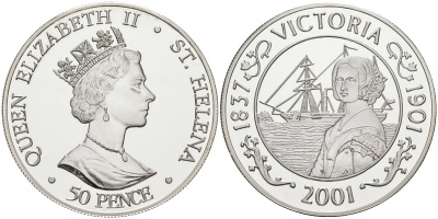 Остров Святой Елены 50 пенсов 2001 100 лет со дня смерти королевы Виктории (1837-1901) KM 20а серебро PROOF 1095-10-24
