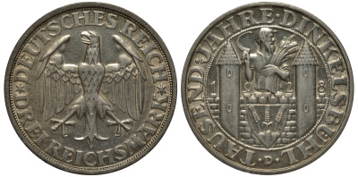 Германия 3 марки 1928 D, 1000 летие основания Динкельсбюля J. 334, KM 59 серебро aUNC 10-005-37