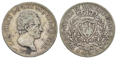 ИТАЛИЯ Сардиния 5 лир 1827 P, Карл Феликс (1821-1831) KM 116.2 серебро 413-135