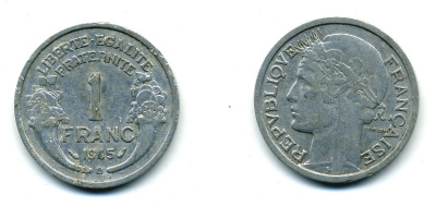 ФРАНЦИЯ 1 ФРАНК 1945 В KM 885а.2 алюминий 84-451