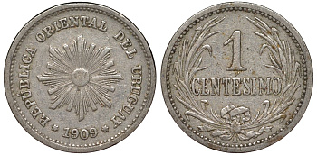 Уругвай 1 сентесимо 1909 KM 19 медно-никель 4169-621
