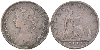 Великобритания 1 фартинг 1887 Виктория (1837-1901) KM 753, Spink 3958 бронза 4613-435