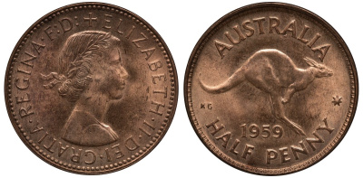 Австралия 1/2 пенни 1959 Елизавета II (1952-), Кенгуру KM 61 бронза UNC 60-833