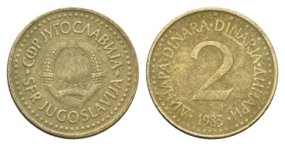 Югославия 2 динара 1983 KM 87 никель латунь 4623-728