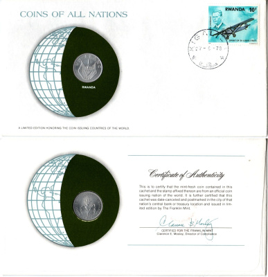 Руанда 1 франк 1977 конверт с маркой первого дня гашения, Coins of Nations KM 12 алюминий UNC 4295-16-2