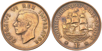 ЮАР 1 пенни 1937 Георг VI (1936-1952) KM 25 бронза 3460-223