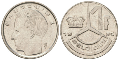 Бельгия 1 франк 1990 BELGIQUE, Бодуэн I (1951-1993) KM 170 нержавеющая сталь 4547-721