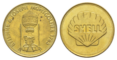 Франция жетон Shell - Человек в полете - Этьен и Жозеф Монгольфье 1969 диаметр 26 мм, вес 5 гр Kooij RS011.3a сталь плакированная латунью UNC 4633-1146