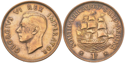 ЮАР 1 пенни 1937 Георг VI (1936-1952) KM 25 бронза 3460-223