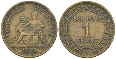 Франция 1 франк 1923 KM 876 алюминиевая бронза 113-822