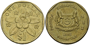 Сингапур 1 доллар 1995 барвинок KM 103 алюминиевая бронза 4138-542