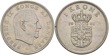 Дания 1 крона 1961 C; S, Фредерик IX (1947-1972) KM 851 медно-никель 67-556