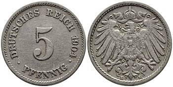 ГЕРМАНИЯ 5 ПФЕННИГОВ 1904 E KM 11, Jager 12, Weege 6 медно-никель 4547-439