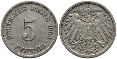 ГЕРМАНИЯ 5 ПФЕННИГОВ 1904 E KM 11, Jager 12, Weege 6 медно-никель 4547-439