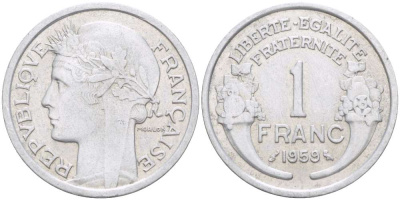ФРАНЦИЯ 1 ФРАНК 1959 ТИП MORLON, LEGERE KM 885a.1, LE FRANC 221.23 алюминий 4519-834