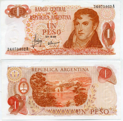АРГЕНТИНА 1 ПЕСО 1970 СЕРИЯ А, НОМЕР 24.073 Pick 287 бумага UNC (ПРЕСС) 6294-24-4