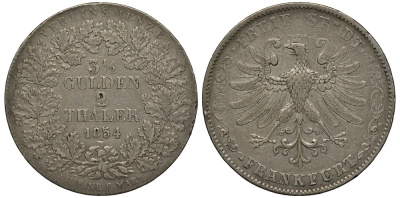 Франкфурт 2 талера = 3 1/2 гульдена 1854 Jaeger 23, Thun 131, AKS 2, Kahnt 182, KM 329, Davenport 641 серебро 00-815-55