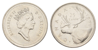 Канада 25 центов 1990 Елизавета II (1952-2022), олень KM 184 никель UNC 4688-532