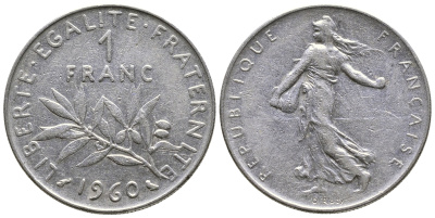 ФРАНЦИЯ 1 ФРАНК 1960 СЕЯТЕЛЬ KM 925.1, LE FRANC 226.4 никель 3999-1043