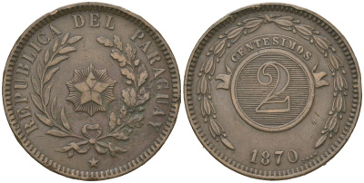 Парагвай 2 сентесимо 1870 SHAW KM 3 медь 221-931