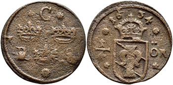Швеция 1/4 эре 1654 Кристина (1632-1654) KM 188 медь 4394-943