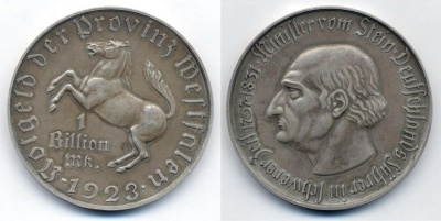 Германия, Вестфалия 1000000000 марок 1923 диаметр 60 J. N28 J.N28 00-00