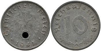 ГЕРМАНИЯ 10 РЕЙХСПФЕННИГОВ 1941 A J. 371, KM 101 цинк 75-235